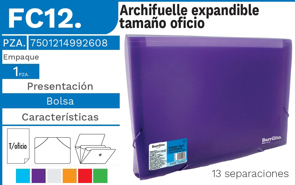 Archifuelle Plástico Expandible 13 Espacios Colores Oficio Barrilito® FC12. [Pieza]