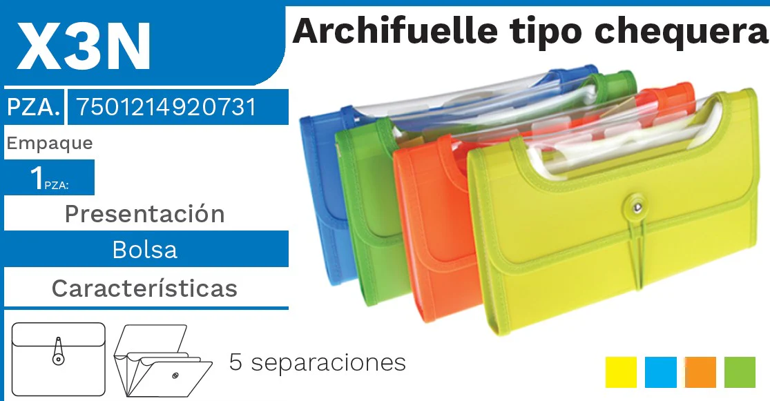 Archifuelle Plástico Expandible 5 Espacios Colores t/Chequera Barrilito® X3N [Pieza]