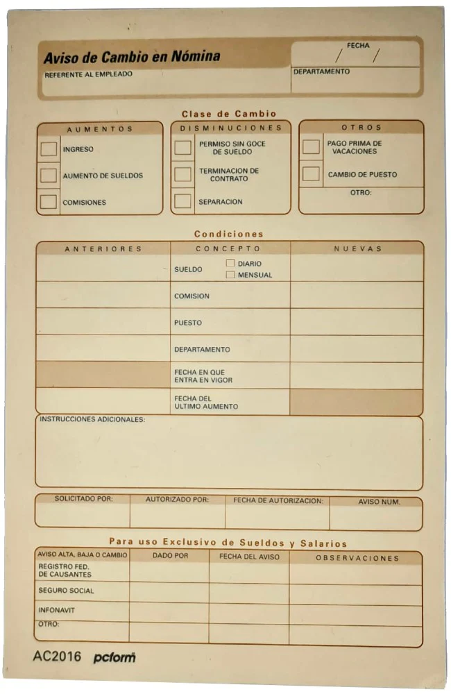 Block Auxiliar Aviso Cambio de Nomina 25 Juegos ½ Carta pcform® 2016 [Pieza]