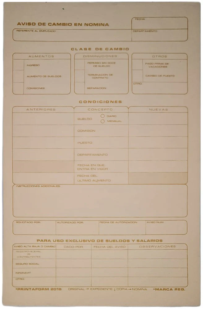 Block Auxiliar Aviso Cambio de Nomina 25 Juegos ½ Carta Printaform® B-2016 [Pieza]