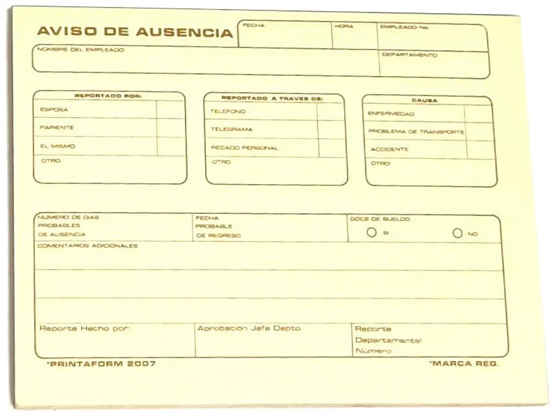 Block Auxiliar Aviso de Ausencia 25 Juegos ¼ Carta Printaform® B-2007 [Pieza]