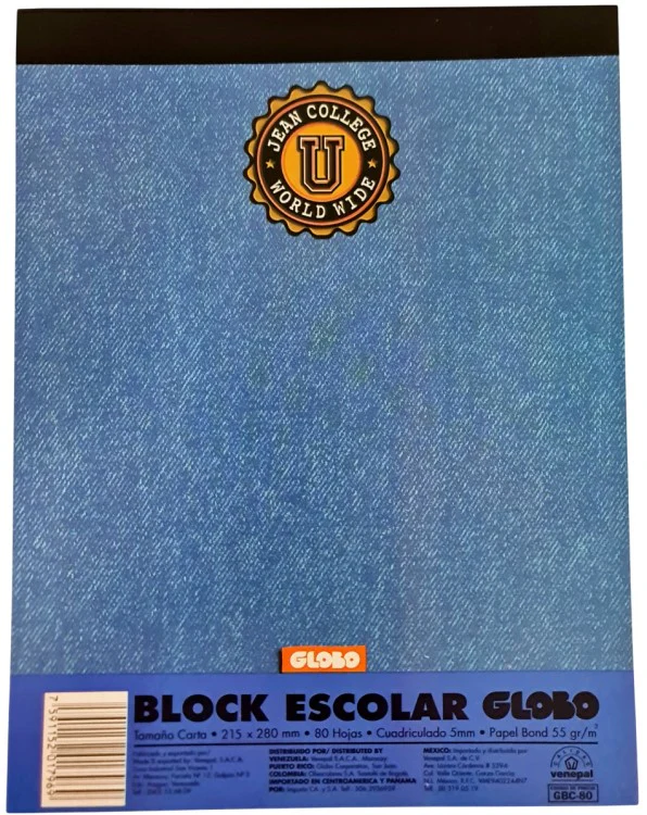 Block Carta Escolar 80 hojas Globo Jean College WW Venepal® [Pieza]