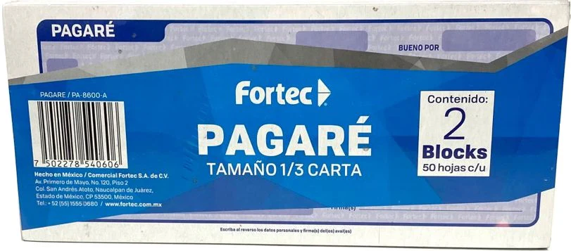 Block Pagares Azul paquete c/2 50 hojas 1/3 Carta Fortec® PA-8600-A - Image 2