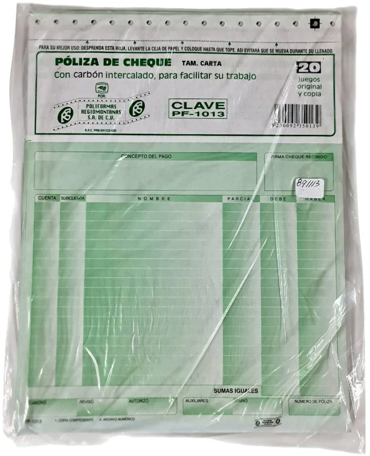 Block Póliza Cheques c/Carbón C 20 Juegos Carta Poliformas® PF-1013 [Pieza]