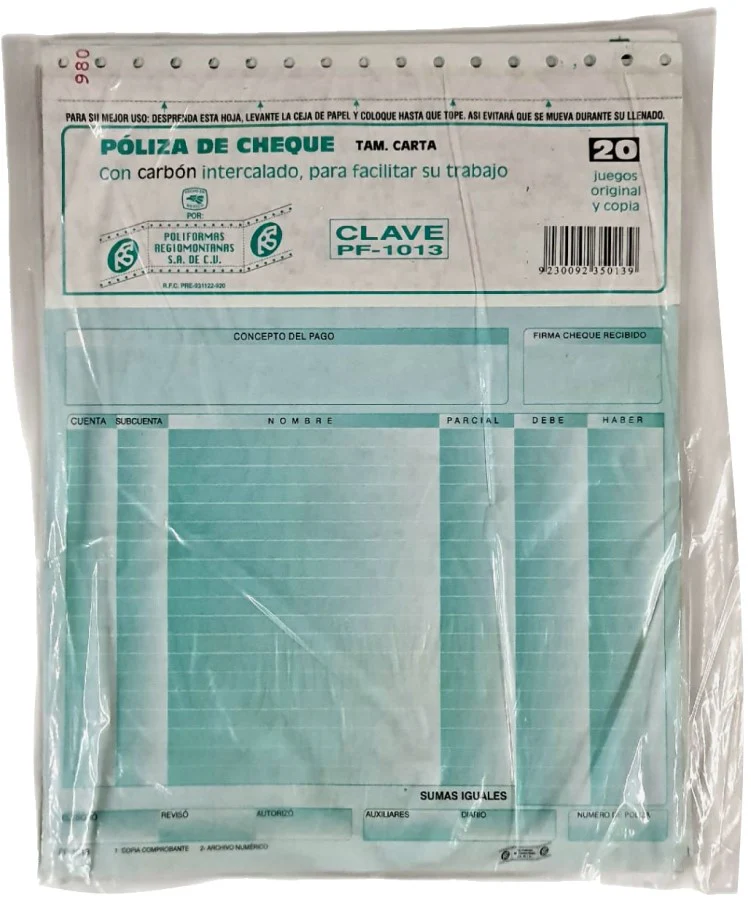 Block Póliza Cheques c/Carbón C 20 Juegos Carta Poliformas® PF-1013 [Pieza] - Image 2