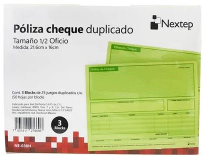Block Póliza Cheques paquete c/3 25 Juegos ½ Oficio Nextep® NE-038H