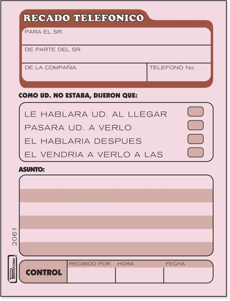 Block Recados Recados Telefónicos 50 hojas ¼ Carta Printaform® B-2061 [Pieza]