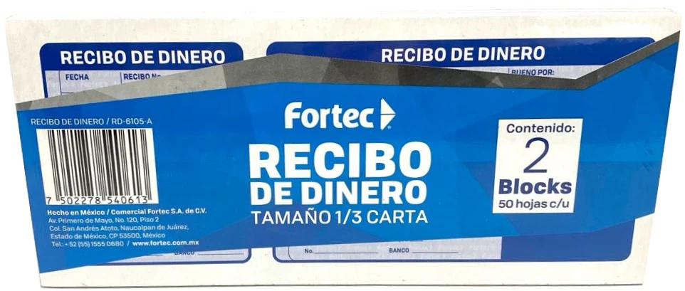 Block Recibos de Dinero paquete c/2 D 50 Juegos 1/3 Carta Fortec® RD-6105-A