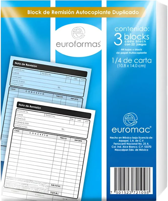 Block Remisiones Duplicado pakc3 Autocopia DA 22 Juegos ¼ Carta euroformas® ER0005 [Paquete]