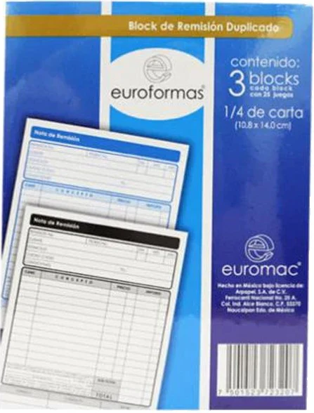 Block Remisiones Duplicado paquete c/3 D 25 Juegos ¼ Carta euroformas® ER0127