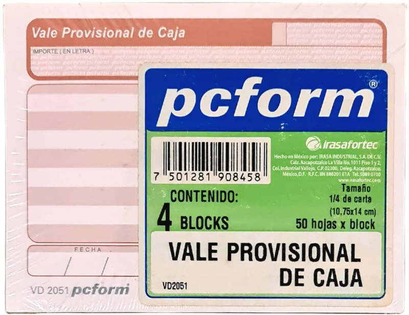 Block Vale Provisional de Caja c/4 50 hojas ¼ Carta pcform® VD 2051 [Paquete]