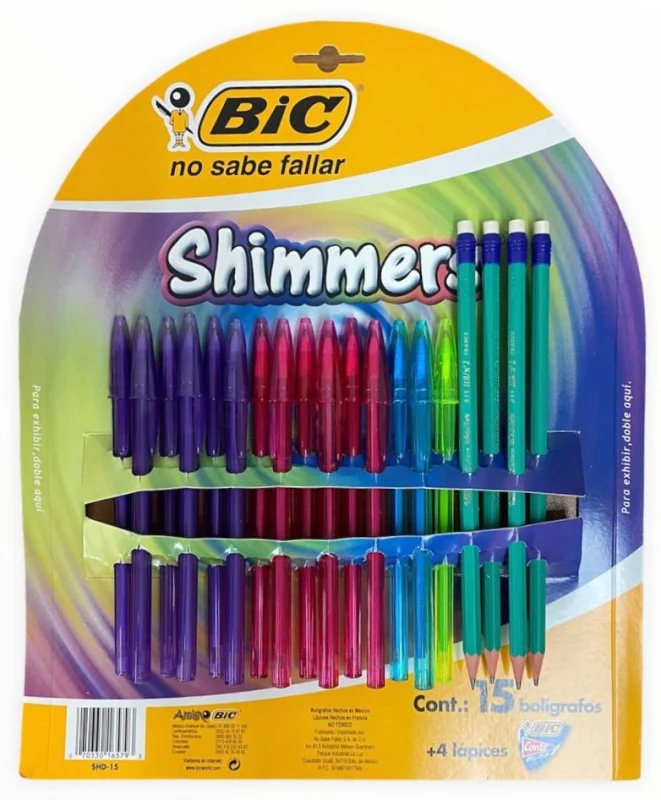 Bolígrafo c/Tapa Shimmers c/15 y c/4 Lápiz Colores 1.2mm Bic® SHD-15 [Paquete]