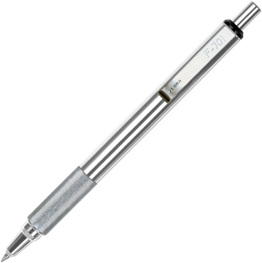 Bolígrafo Fino Retráctil F-701 c/Grip Tinta Negra Acero Inoxidabl Fino .7mm Zebra® 7912-00 [Estuche]