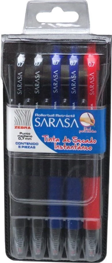 Bolígrafo Retráctil Gel Sarasa c/5 2-Negro,1-Rojo ,2-Azul Medio .7mm Zebra® 8806 [Estuche]