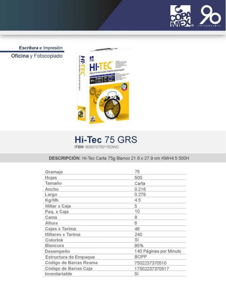 Bond 37kg 50kg Blanco 95% Hi-Tec paquete c/500 Hi-Tecpaquete 75g Copamex® [Resma] - Image 2
