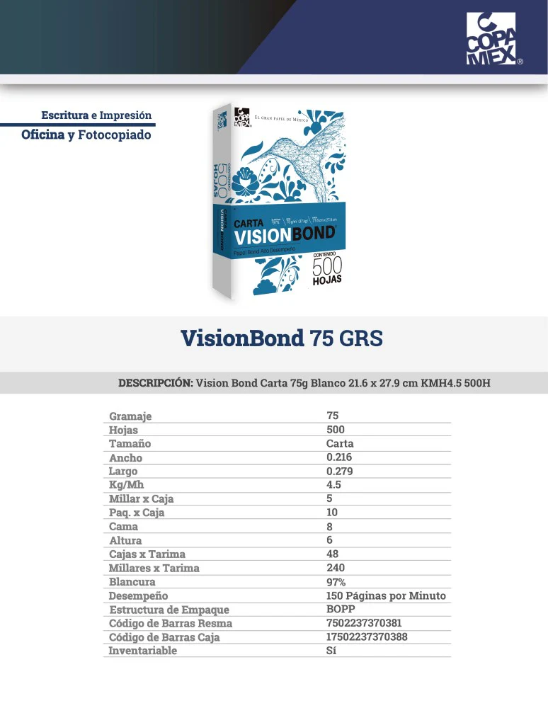 Bond 37kg 50kg Blanco 97% Visión paquete c/500 Copamex® [Resma] - Image 2