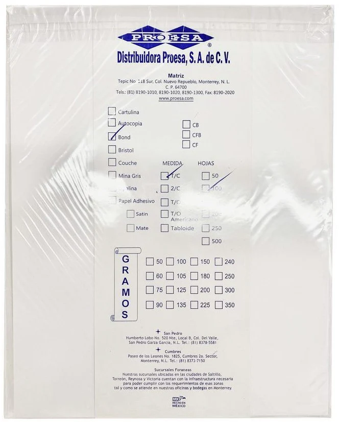 Bond Hojas Pack c/100 Hojas 37kg Blanco Carta 75g Proesa® [Cien hojas]