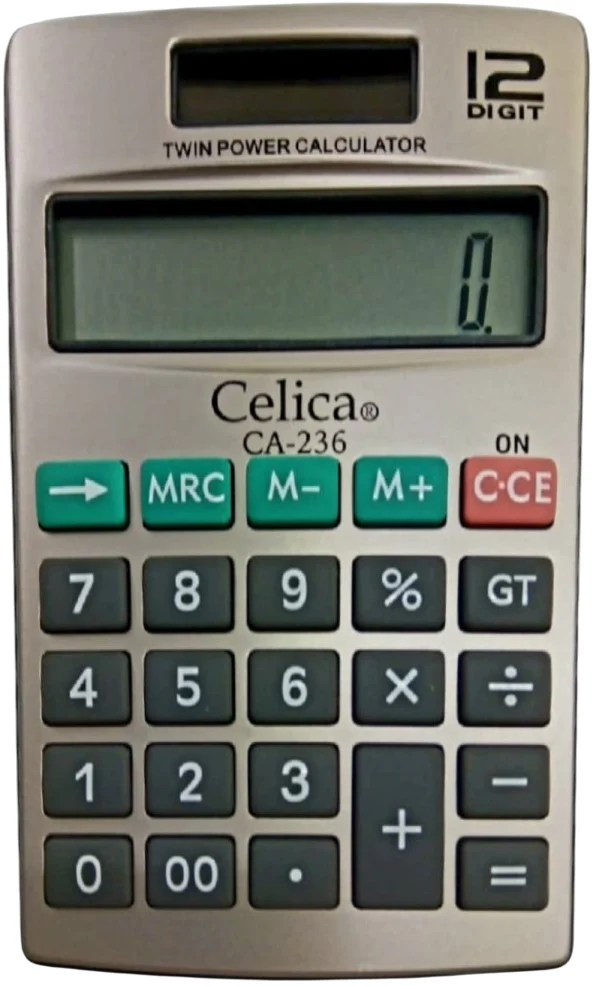Calculadora Básica Bater. DC/Solar c/Cartera 12 Dígitos 7×11.5cm Celica® CA-236 [Pieza]