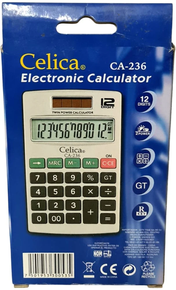 Calculadora Básica Bater. DC/Solar c/Cartera 12 Dígitos 7×11.5cm Celica® CA-236 [Pieza] - Image 6