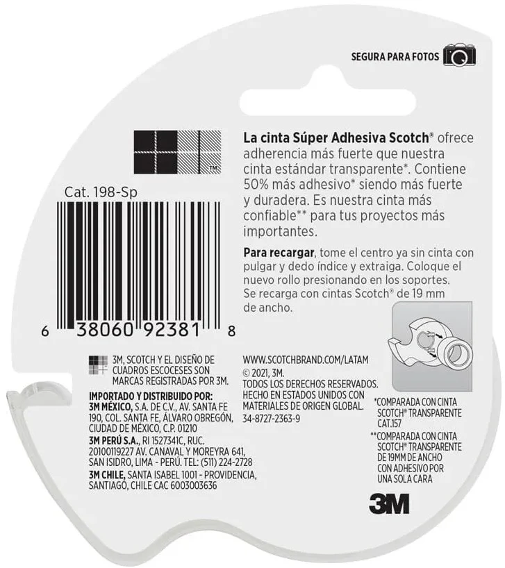 Cinta Adhesiva Súper Adhe.c/Despachador Transparente 19mm×16.5m 3M® 198-Sp [Pieza] - Image 2