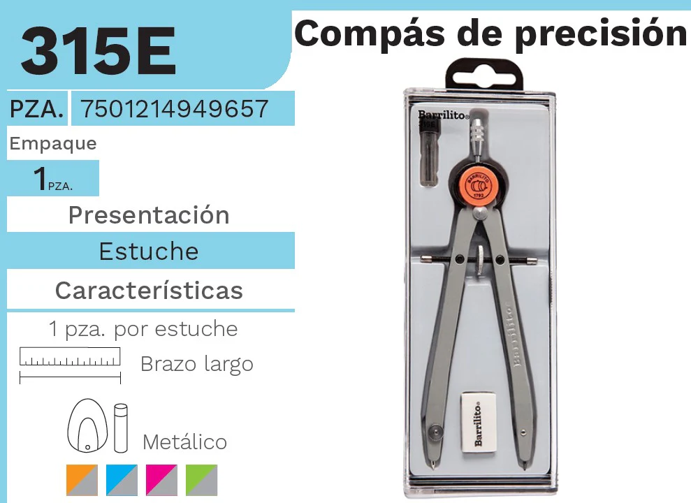 Compás Escolar Precisión Brazo Largo c/Accesorios Metal Colores Barrilito® 315E [Estuche]