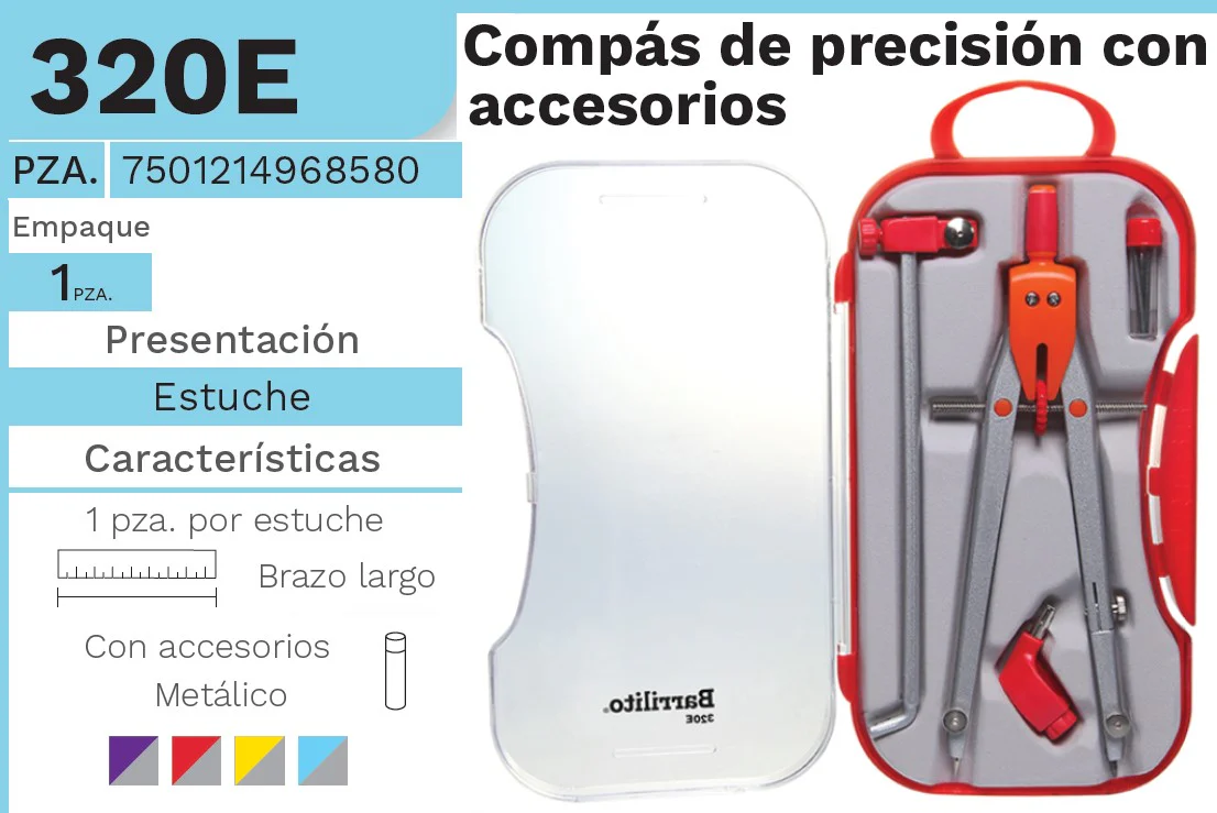 Compás Escolar Precisión Brazo Largo c/Accesorios Metal Colores c/Alargade Barrilito® 320E [Estuche]