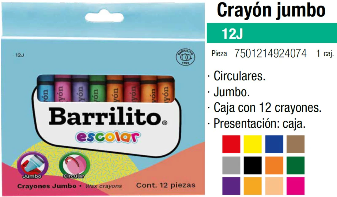 Crayón Jumbo Escolar Colores Est.c/12 Barrilito® 12J [Estuche]