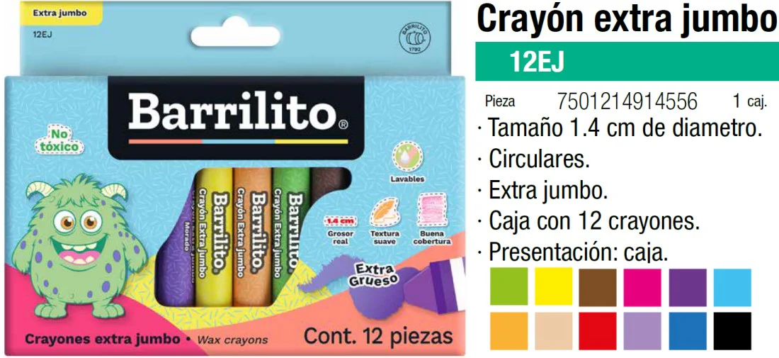 Crayón Jumbo Extra Escolar Colores Est.c/12 Barrilito® 12EJ [Estuche]