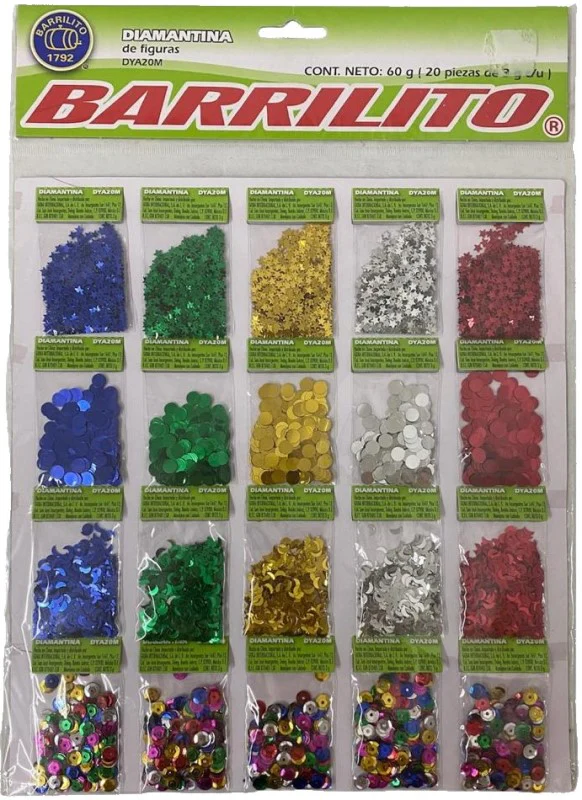 Diamantina y Lentejuela c/20 Bolsas de 3g Figuras Barrilito® DYA20M [Bolsa]