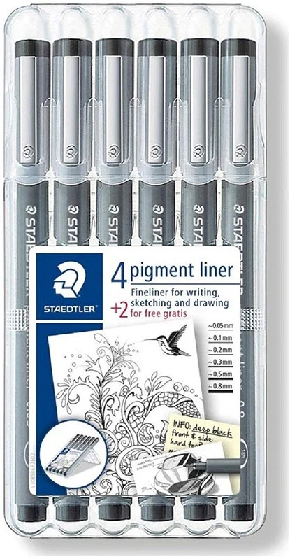 Estilógrafo Desechable pigment line.05,1,2,3,5,8 c/6 Negro Staedtler® 308 SB6P [Estuche]