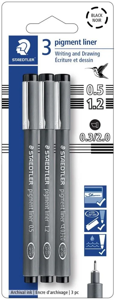 Estilógrafo DesechableSet pigment liner Cincel,0,5, 1.2mm Negro c/3 Staedtler® 308 9S2BK3 [Conjunto]
