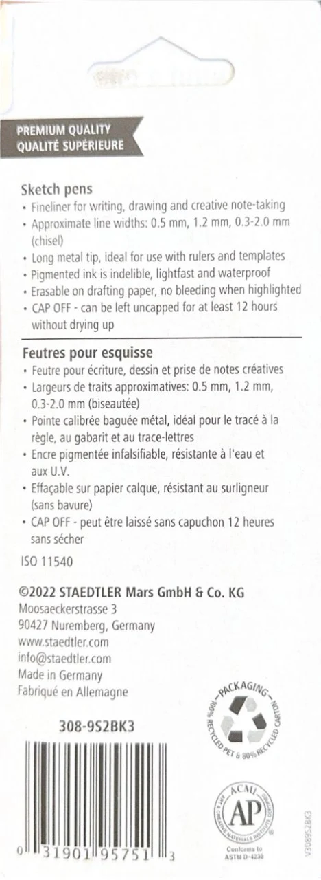 Estilógrafo DesechableSet pigment liner Cincel,0,5, 1.2mm Negro c/3 Staedtler® 308 9S2BK3 [Conjunto] - Image 4