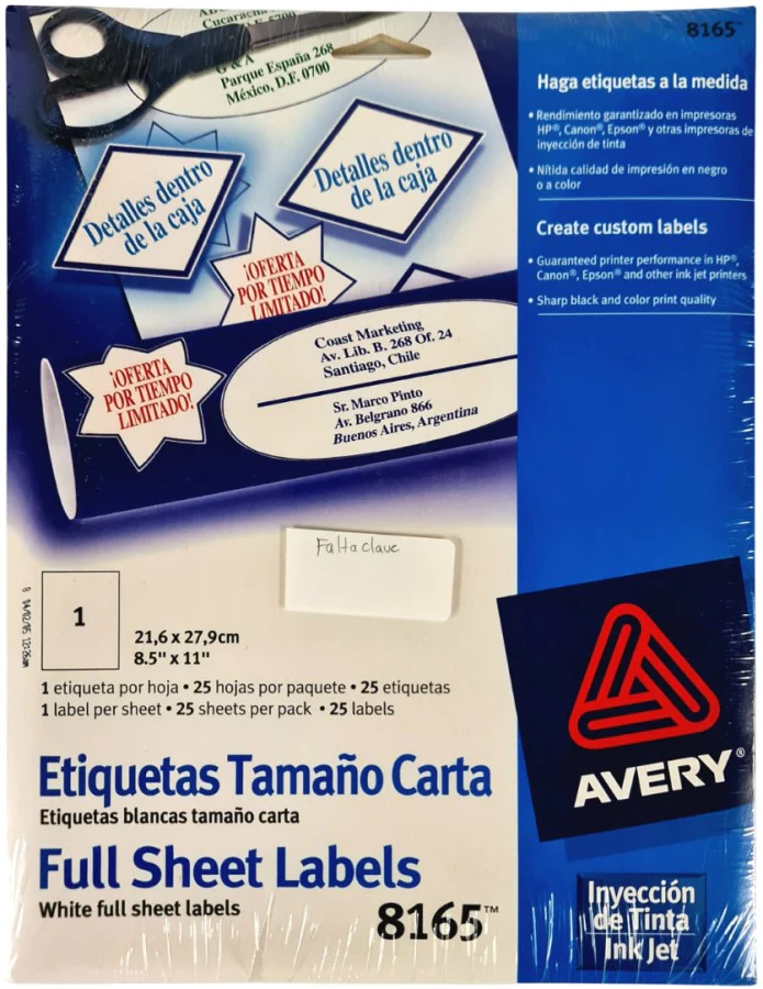 Etiqueta p/Impresora Ink-Jet c/25 1 × Hoja 25hjs Blanco 8½×11" Avery® 8165 [Sobre]
