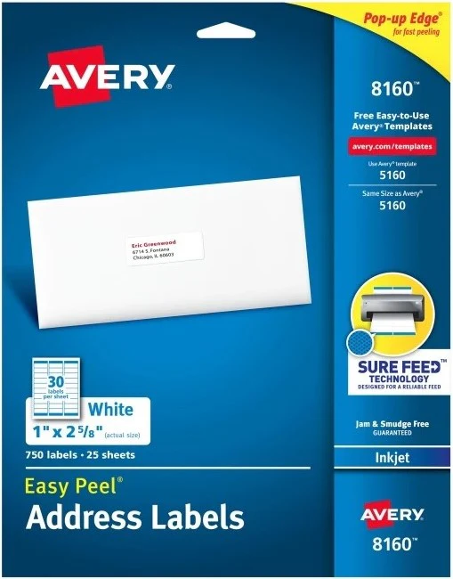 Etiqueta p/Impresora Ink-Jet c/750 30 × Hoja 25hjs TransparenteMat 1×2-5/8" Avery® 8160 [Sobre] - Image 3