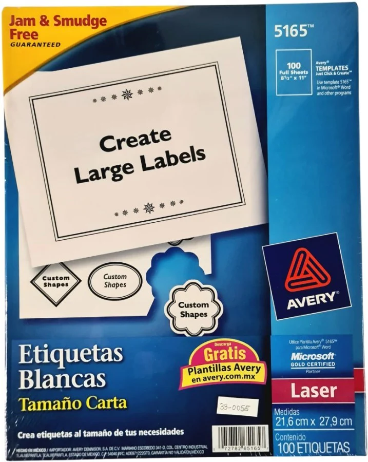 Etiqueta p/Impresora Láser c/100 1 × Hoja 100hj Blanco 8½×11" Avery® 5165 [Caja]
