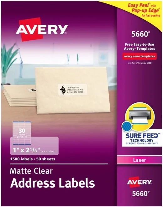Etiqueta p/Impresora Láser c/1500 30 × Hoja 50hjs TransparenteMat 1×2-5/8" Avery® 5660 [Caja] - Image 3