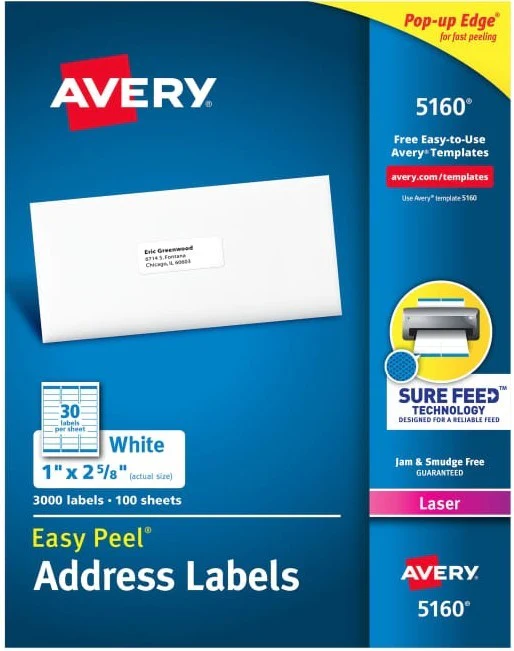 Etiqueta p/Impresora Láser c/3000 30 × Hoja 100hj Blanco 1×2-5/8" Avery® 5160 [Caja] - Image 3