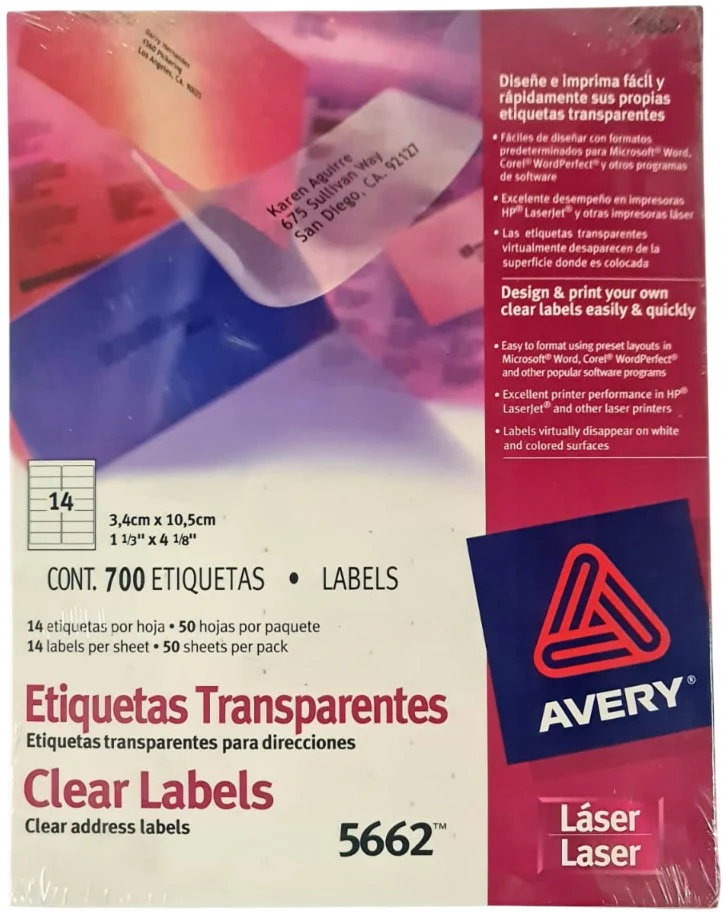 Etiqueta p/Impresora Láser c/700 14 × Hoja 50hjs TransparenteMat 1-1/3×4" Avery® 5662 [Caja]