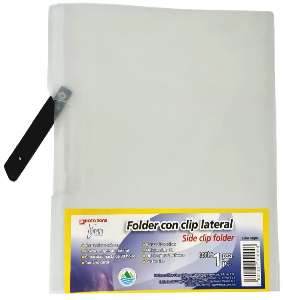 Fólder Plástico c/Clip Clip Lateral Libreto Transparente Carta Irasa® LB-9056 [Pieza]