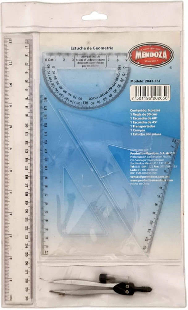 Juego de Geometría Compás-Regla-Transp.Escua Mendoza® 2042-EST [Estuche]