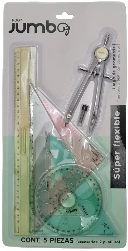 Juego de Geometría Flex Flexible c/Compás Metal Colores Jumbo® PJG7 [Paquete]