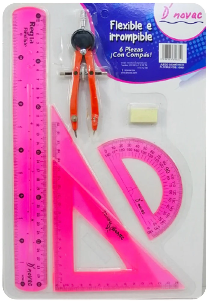 Juego de Geometría Flex Flexible c/Compás Metal Colores Trasnpa D'novac JG001 [Paquete]