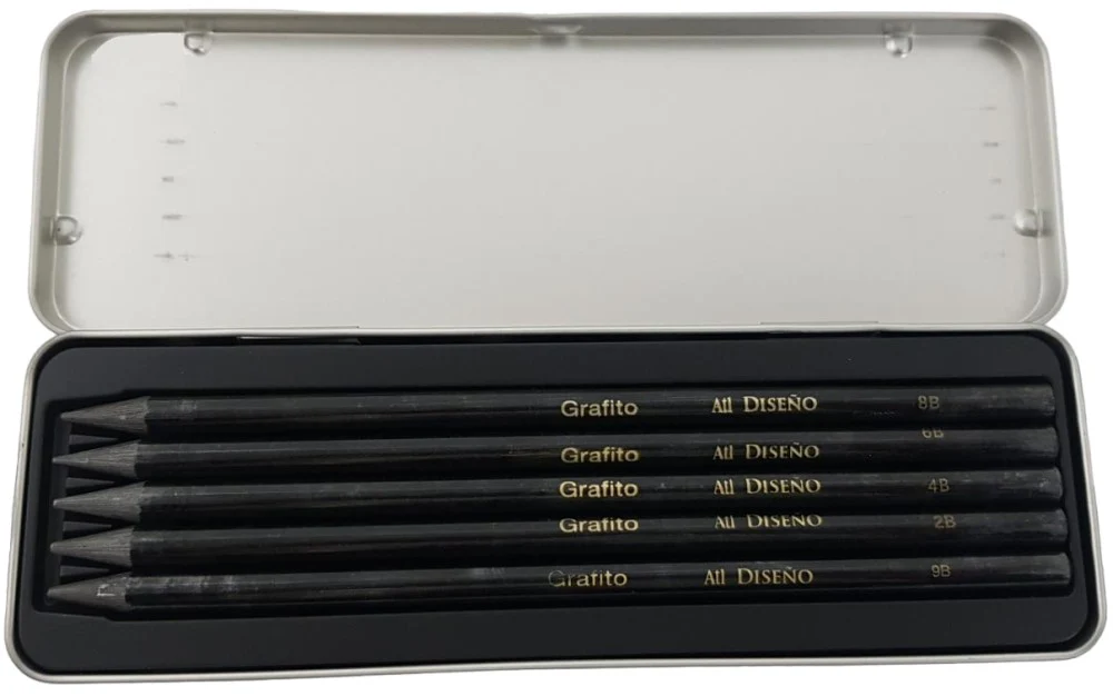 Lápiz p/Dibujo Estuche Grafito Estuche Metálico c/5 2B,4B,6B,8B,9B Sintético Rodin® 4516 [Estuche]