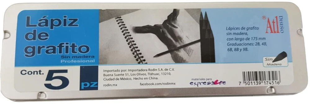 Lápiz p/Dibujo Estuche Grafito Estuche Metálico c/5 2B,4B,6B,8B,9B Sintético Rodin® 4516 [Estuche] - Image 2