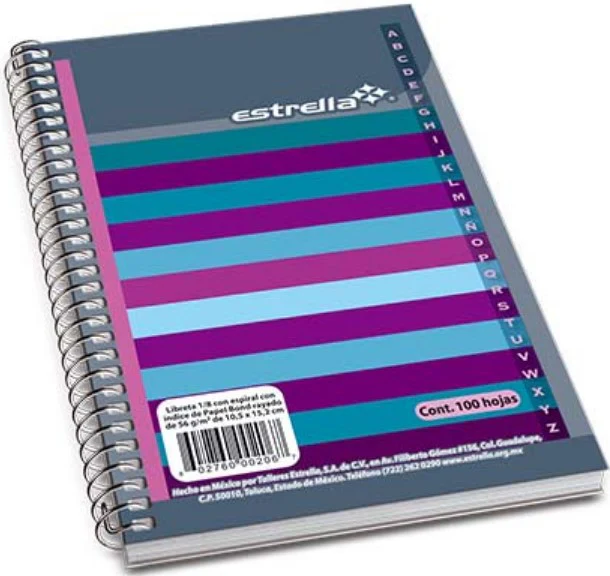 Libreta f/Francesa 1/8 Espiral c/Indice 100 Hojas Raya Estrella® 206 [Pieza]