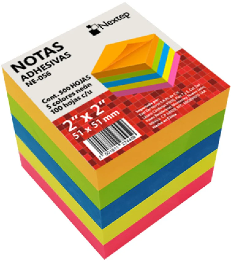 Notas Adhesivas 5 colores c/100h c/u 500hj Cubo Neón 2×2" Nextep® NE-056 [Pieza]