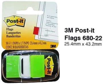 Notas Adhesivas (bandera) Post-It® c/50 Verde Neón 1×1.7" 3M® 680-22 [Pieza]