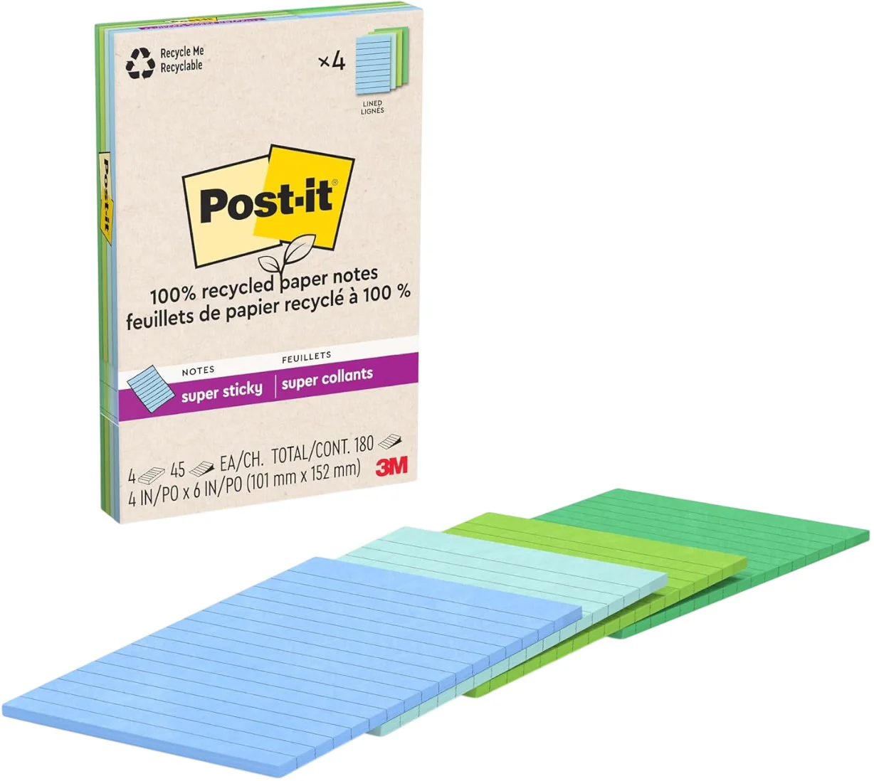 Notas Adhesivas SúperStic Post-it® 4 Block c/45 hjs 180hj Raya Colores(4) 4x6" 3M® 4621R-4SST [Pieza]