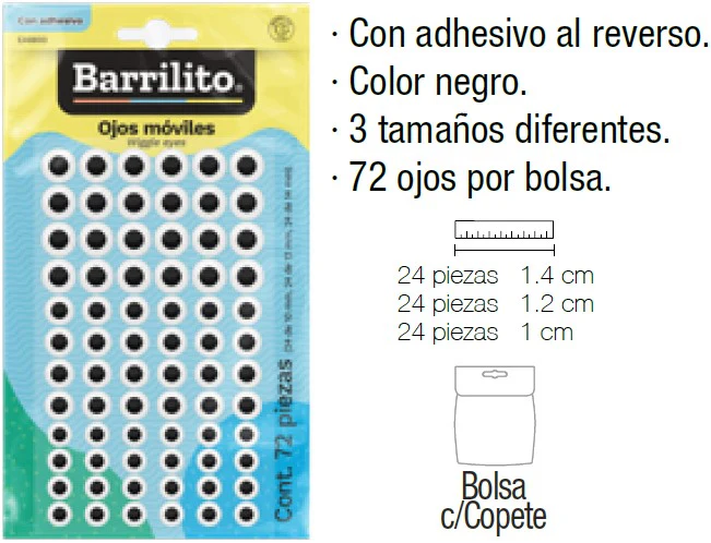 Ojo Movible Redondo con adhesivo c/72 3 tamaños Barrilito® EA8800 [Pieza]