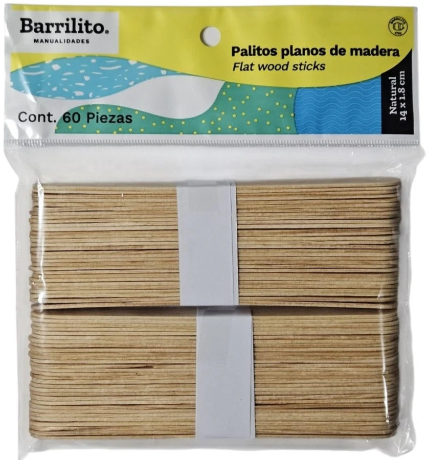 Palitos Madera Planos c/60 Natural 14×1.8cm Barrilito® PM1418 [Pieza]